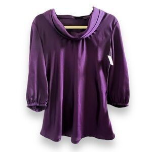 APT 9 Deep Purple Silky Cowl Neck 3/4 Sleeve Dress Shirt Blouse Tunic Size Small